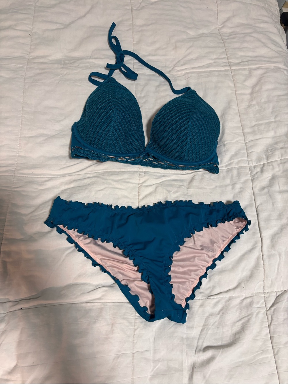 Shade & Shore Teal Crochet-Detail Halter Bikini Set